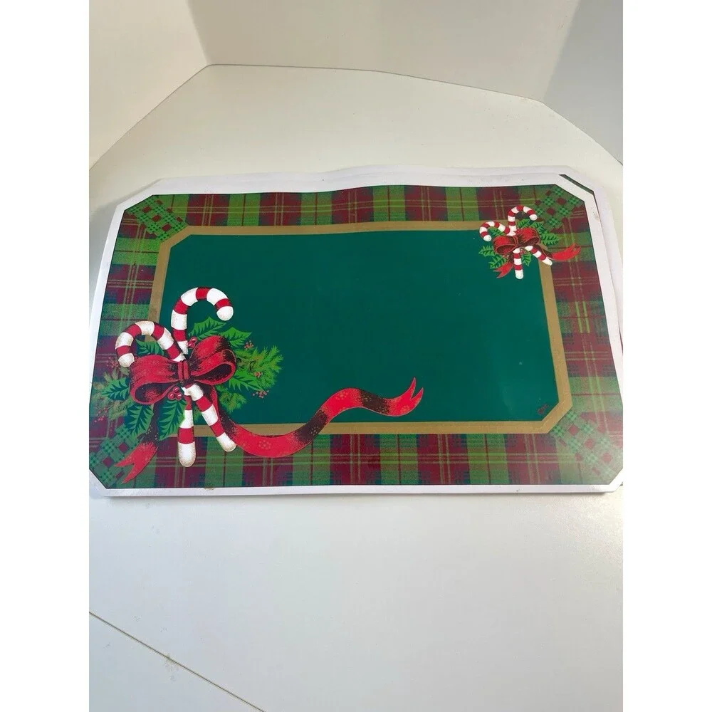 4- Plaid Candy Cane Holly Bow Gold Trim Vinyl Placemats- Trim a Home-Vintage